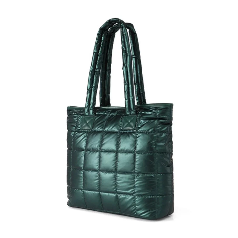 Quilted Puffer Tote - Shiny Deep Green - Double Handle- XL- Lightweight -NWT